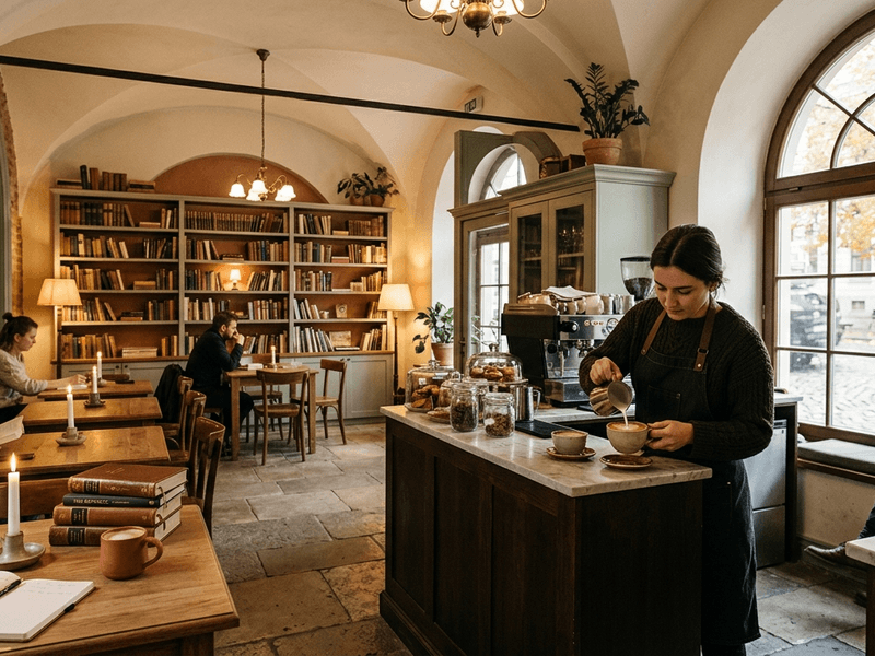 The warm, wood-toned interior of the TU Fe salon café, with tables arranged for conversation
